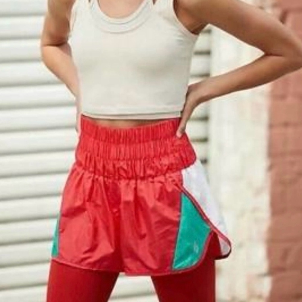 Free People Red Athletic Shorts with Teal Accents
